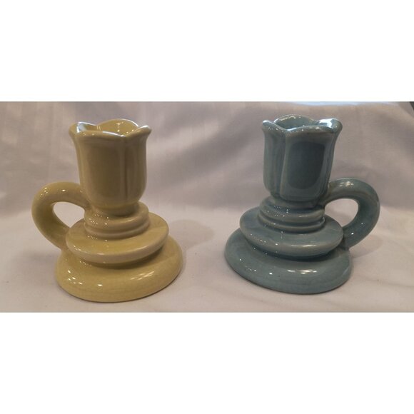 Vintage Ceramic Tulip-Shaped Candlestick Holder Set In Yellow & Blue - Picture 1 of 3